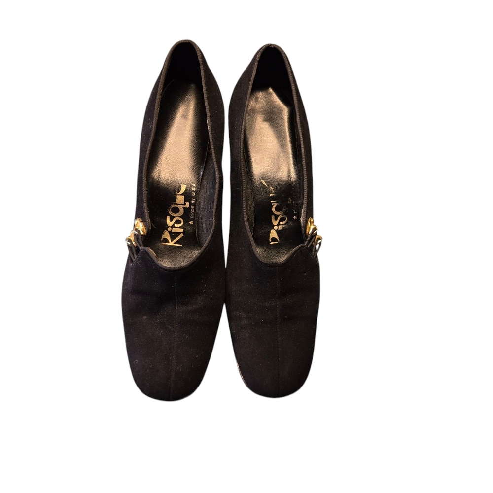 Vintage Risque Black Suede w/Gold Accents Block Heels Size 9N